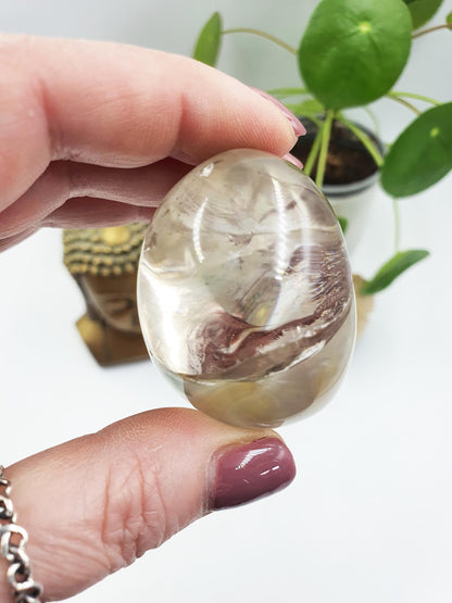 Clear Quartz Palm with unique inclusions / Clear Quartz Palm Stone / Pocket Stone / Meditation Palm / Reiki Mediation Palm - 110g