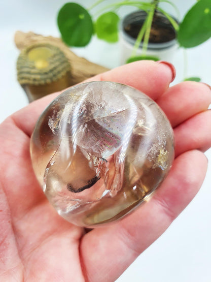 Clear Quartz Palm with unique inclusions / Clear Quartz Palm Stone / Pocket Stone / Meditation Palm / Reiki Mediation Palm - 110g