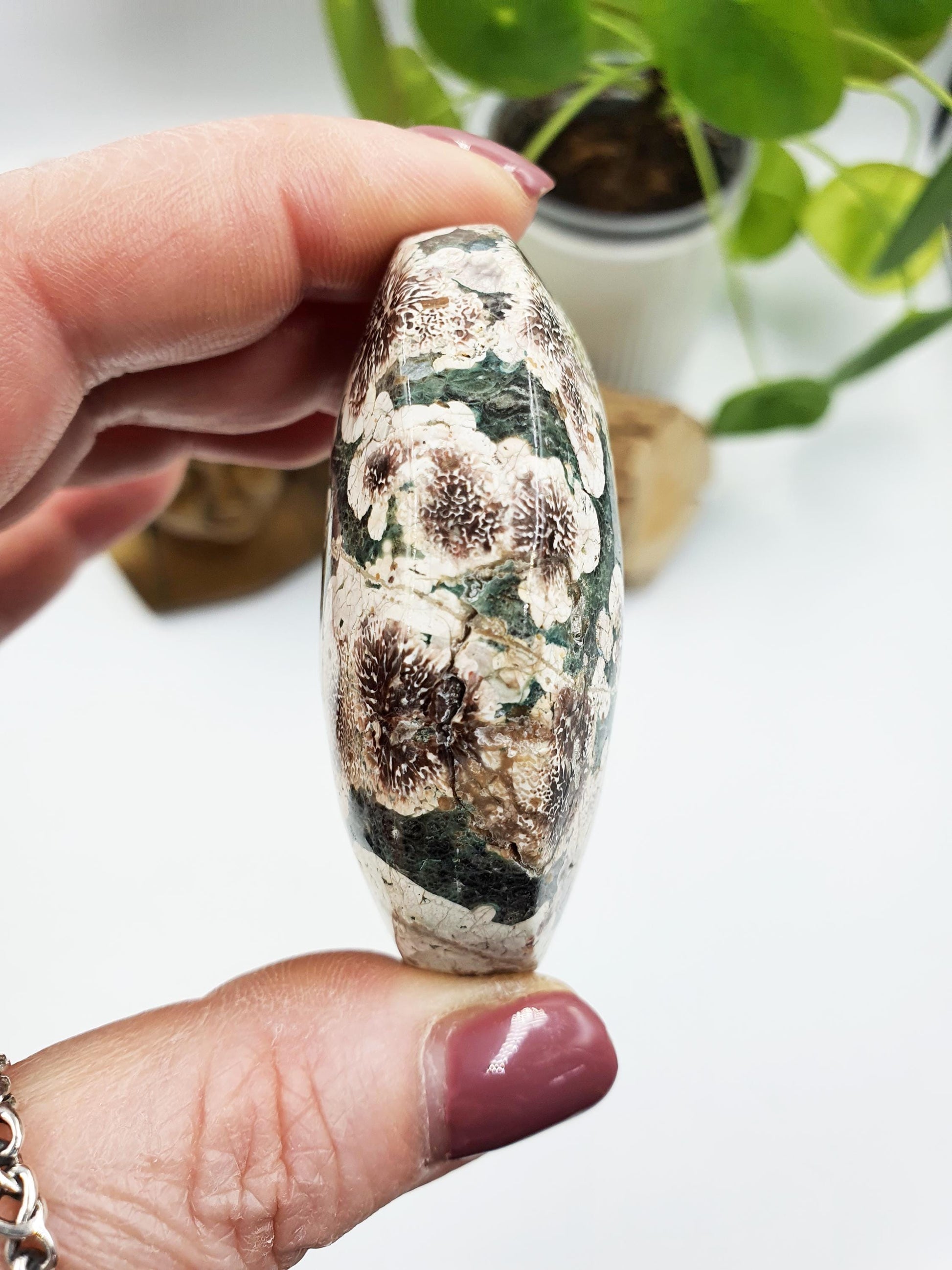 Large Firework (Flower) Agate Palm / Green Flower Agate Palm Stone / Meditation Palm / Reiki Crystal / Pocket Crystal - 95g