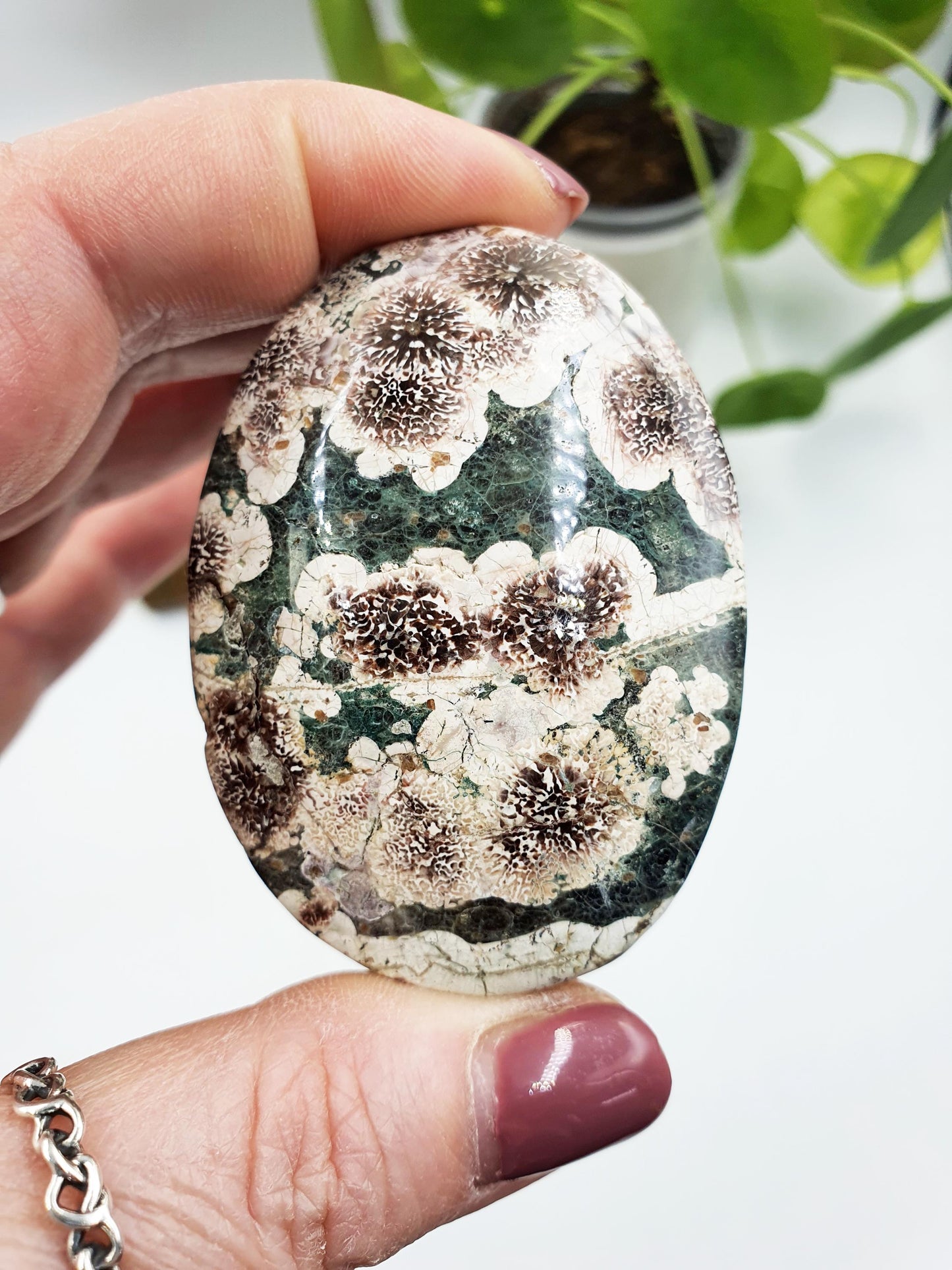 Large Firework (Flower) Agate Palm / Green Flower Agate Palm Stone / Meditation Palm / Reiki Crystal / Pocket Crystal - 95g