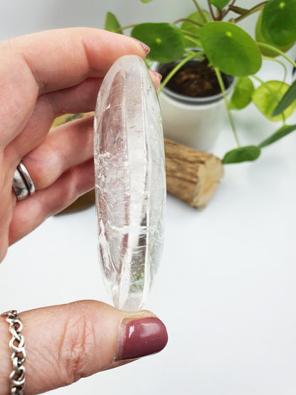 Large Clear Quartz Palm with shimmering inclusions and rainbow / Clear Quartz Palm Stone / Meditation Palm / Reiki Crystal Palm - 175g