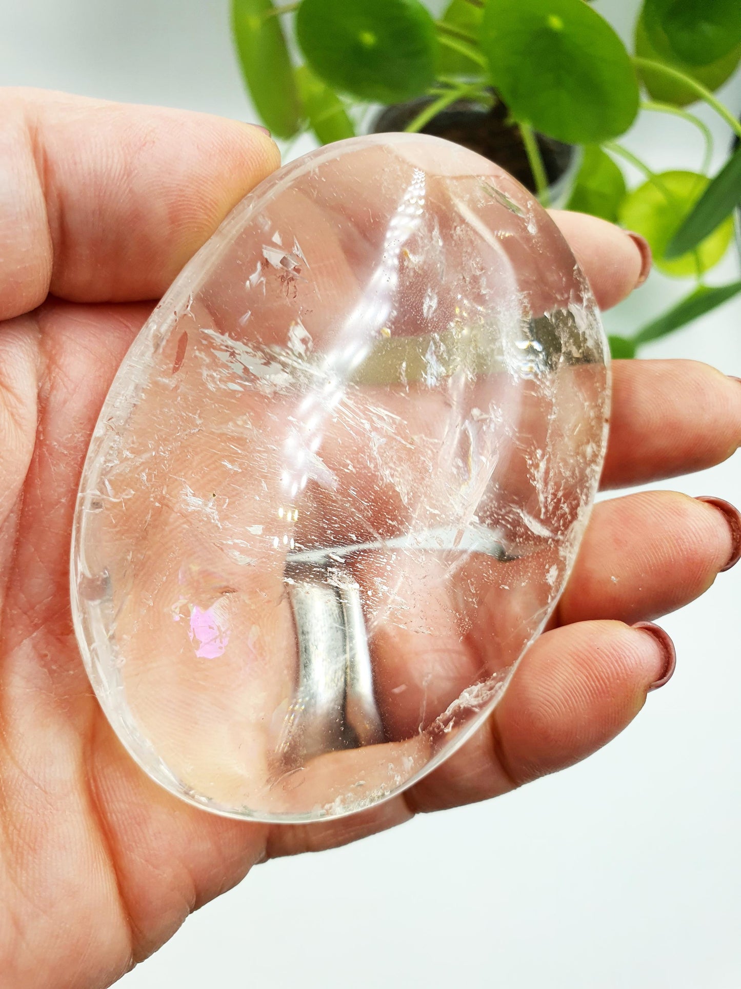 Large Clear Quartz Palm with shimmering inclusions and rainbow / Clear Quartz Palm Stone / Meditation Palm / Reiki Crystal Palm - 175g