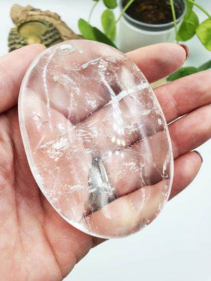 Large Clear Quartz Palm with shimmering inclusions and rainbow / Clear Quartz Palm Stone / Meditation Palm / Reiki Crystal Palm - 175g