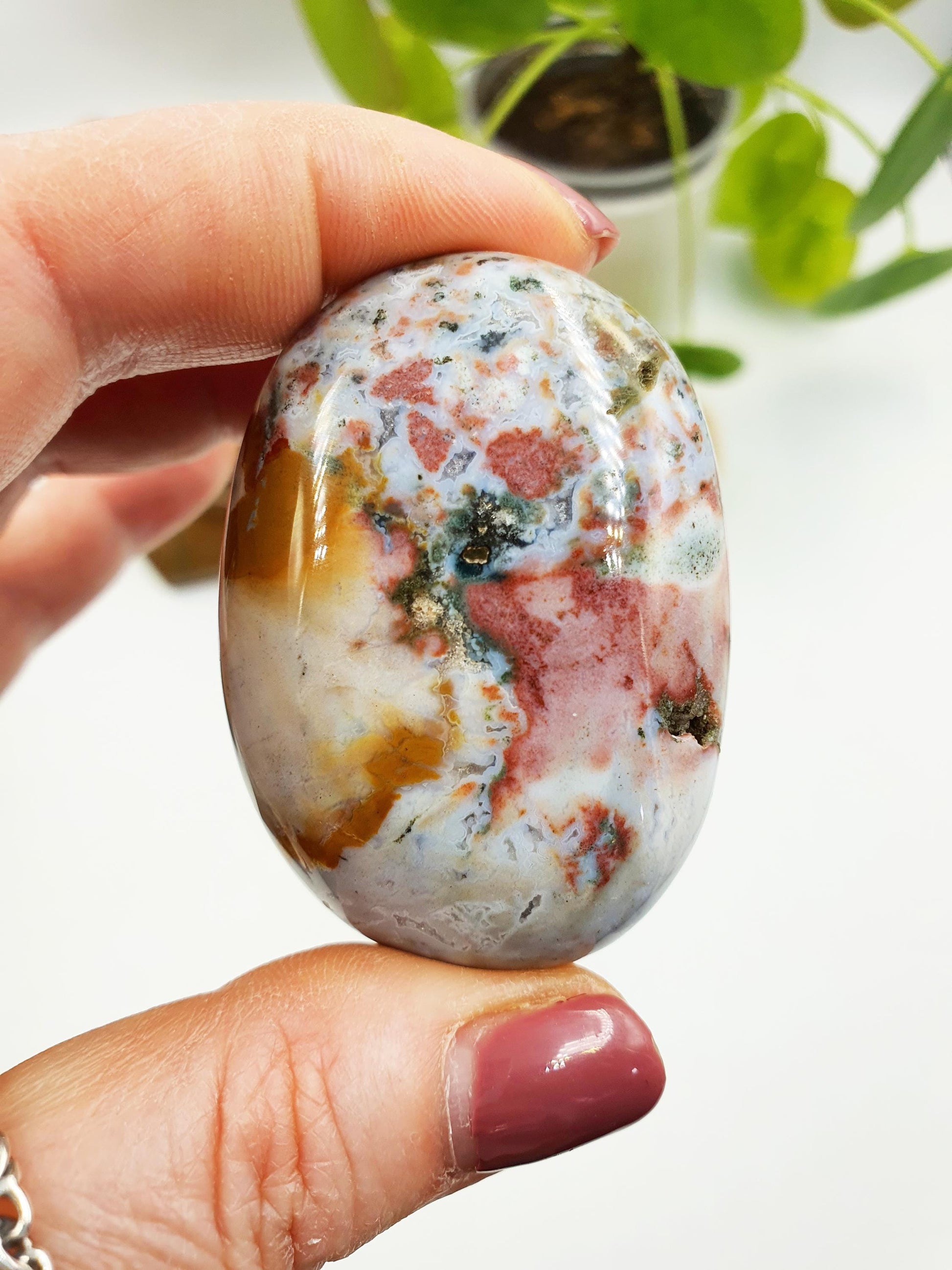 Beautiful Ocean Jasper Palm with sparkly drusy pockets / Ocean Jasper Palm stone / OJ Palm / Meditation Palm / Reiki Crystal Palm - 70g