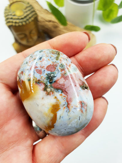 Beautiful Ocean Jasper Palm with sparkly drusy pockets / Ocean Jasper Palm stone / OJ Palm / Meditation Palm / Reiki Crystal Palm - 70g