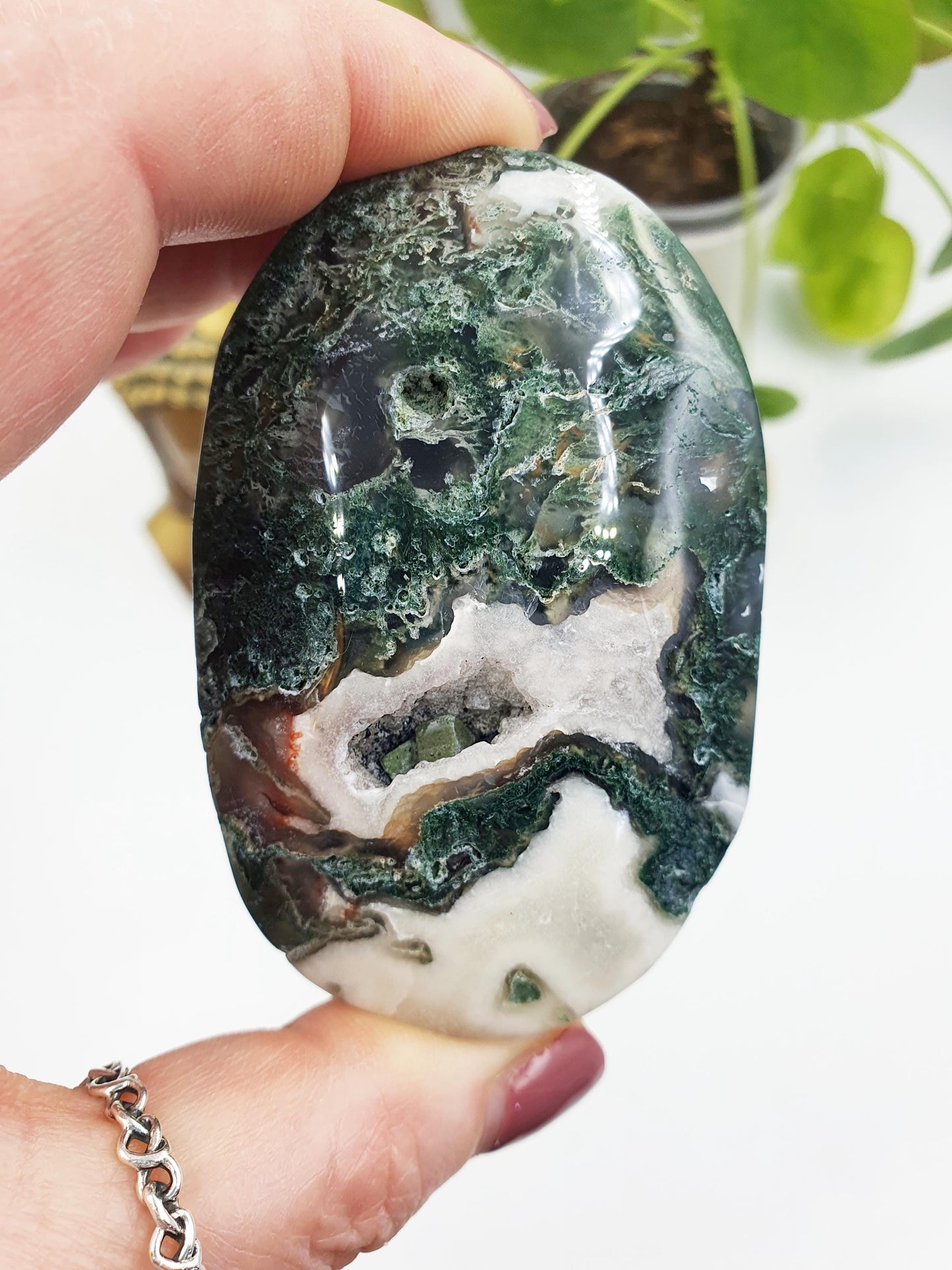 Large Beautiful Druzy Moss Agate Palm / Moss Agate Palm Stone / Meditation Palm / Reiki Crystal Palm - 150g