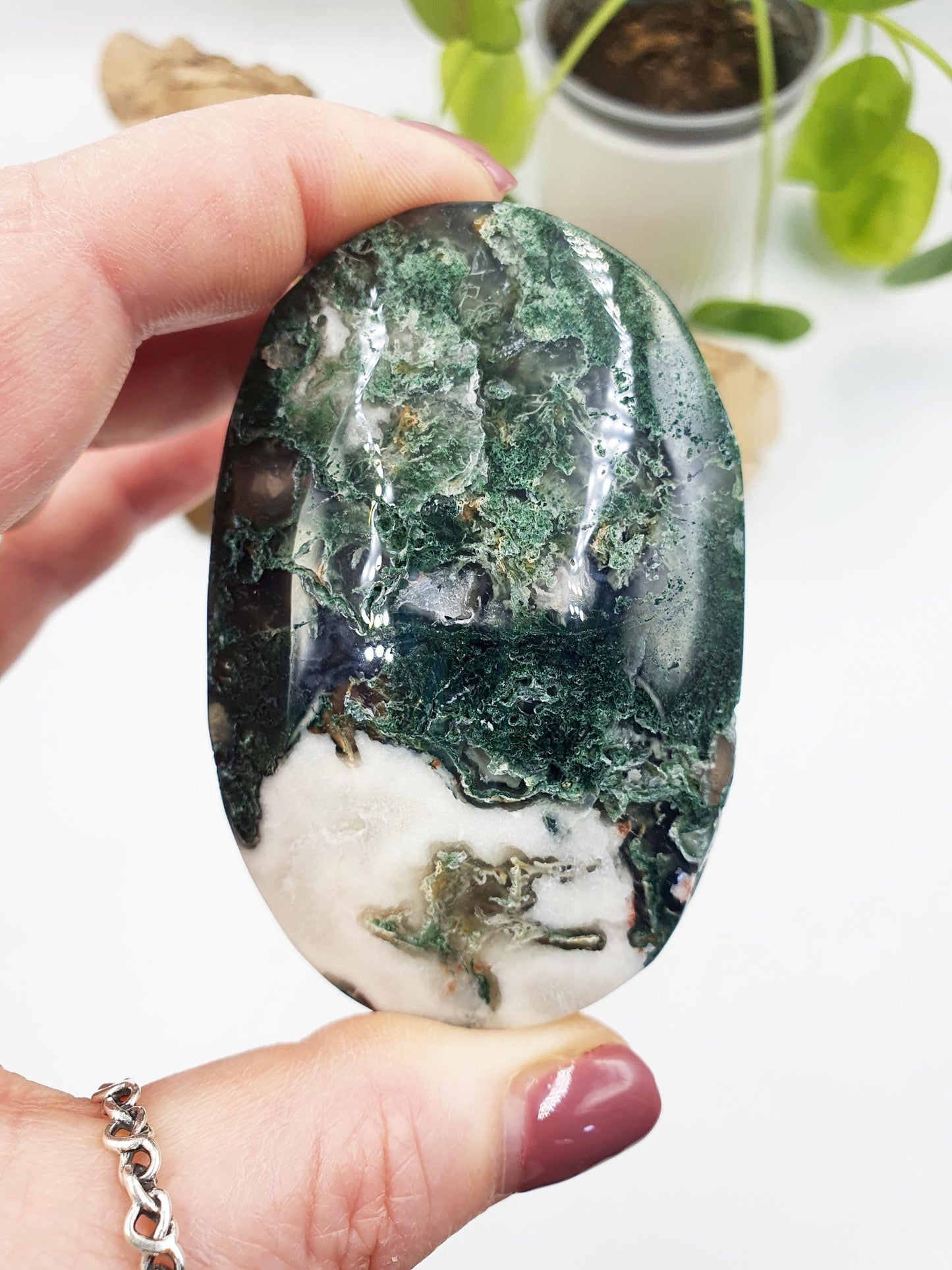 Large Beautiful Druzy Moss Agate Palm / Moss Agate Palm Stone / Meditation Palm / Reiki Crystal Palm - 150g