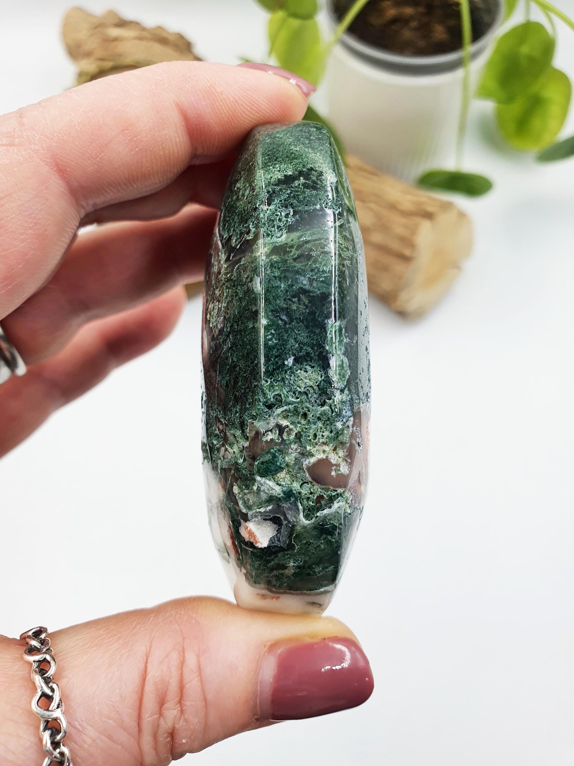 Large Beautiful Druzy Moss Agate Palm / Moss Agate Palm Stone / Meditation Palm / Reiki Crystal Palm - 150g