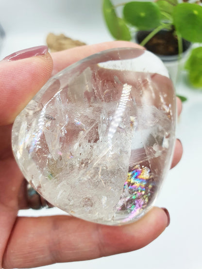 Lovely Teardrop Clear Quartz Palm full of raimbows / Clear Quartz Palm Stone with unique inclusions / Meditation Palm - 150g