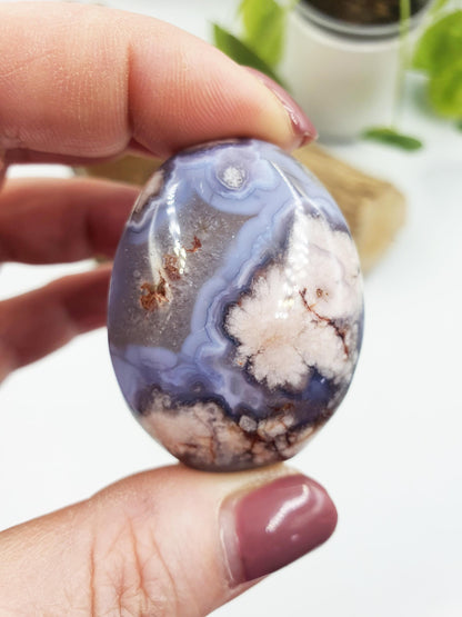 Cute Blue Flower Agate Drusy Palm / Sakura Agate Palm Stone / Blue Flower Agate Crystal / Meditation Palm - 40g