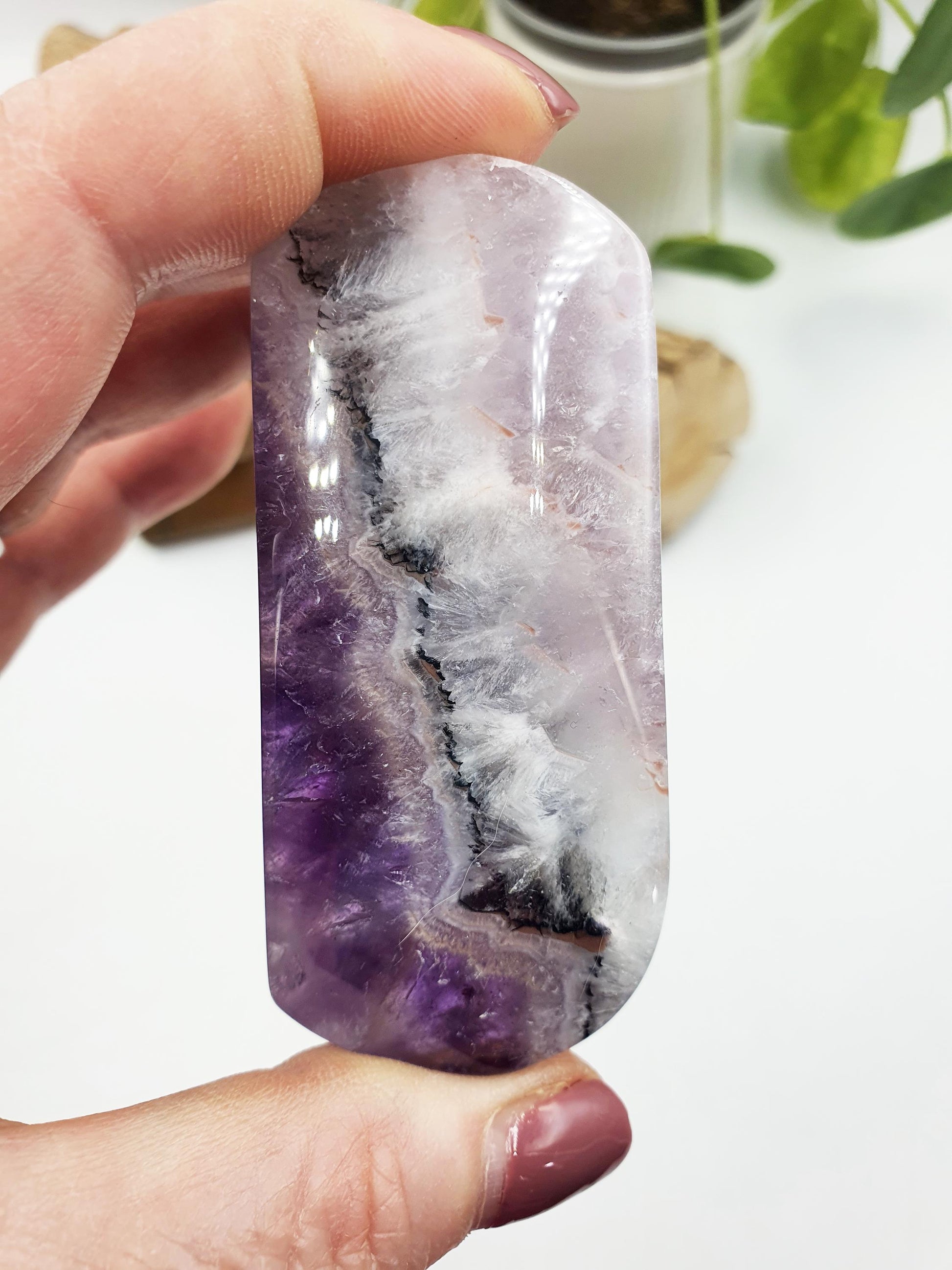 Large Unique Dream Amethyst Palm / Dream Amethyst Palm Stone / Chevron Amethyst Palm / Meditation Palm - 95g