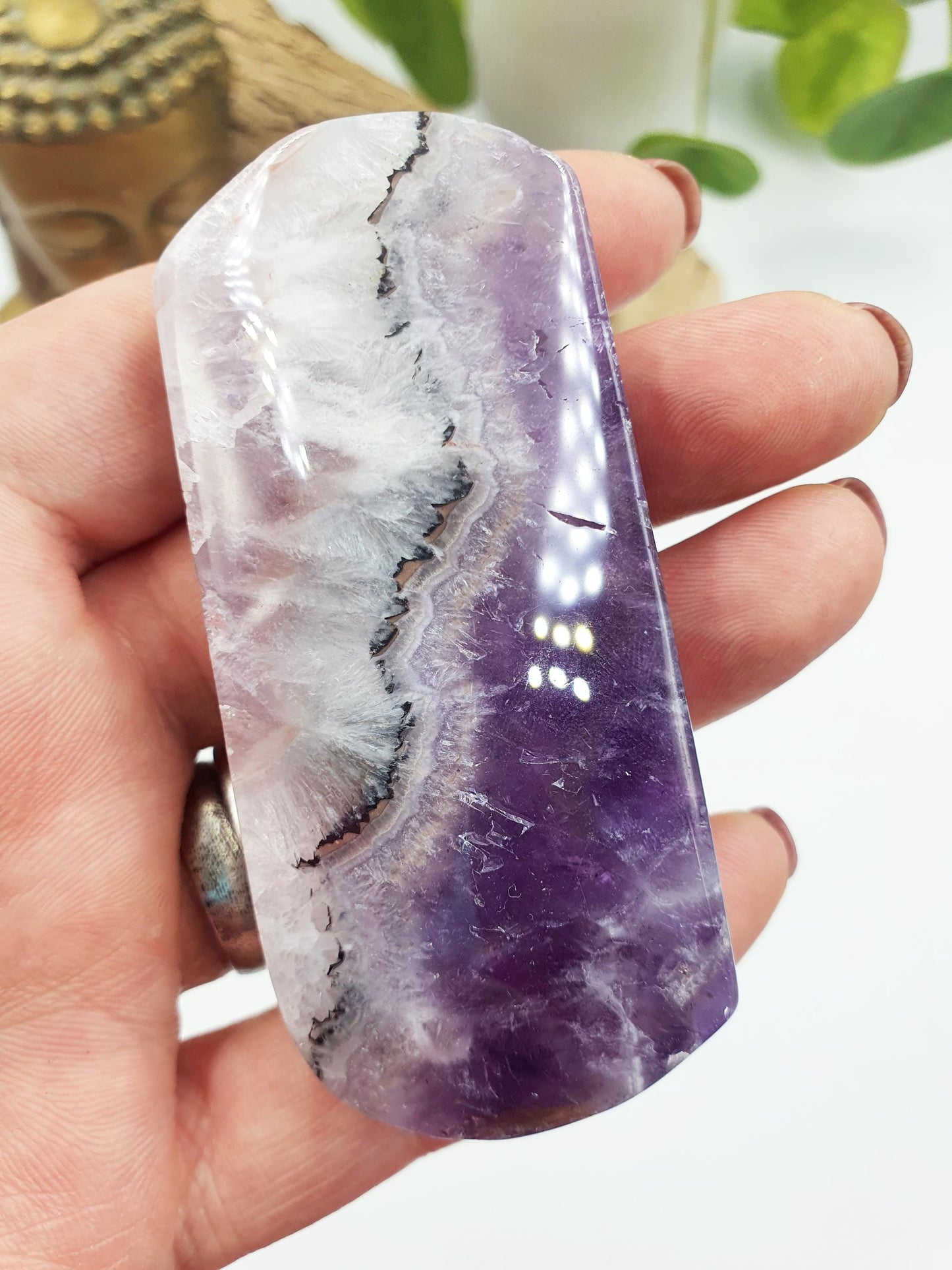 Large Unique Dream Amethyst Palm / Dream Amethyst Palm Stone / Chevron Amethyst Palm / Meditation Palm - 95g