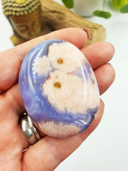 Cute Blue Flower Agate Drusy Palm / Sakura Agate Palm Stone / Blue Flower Agate Crystal / Meditation Palm - 60g